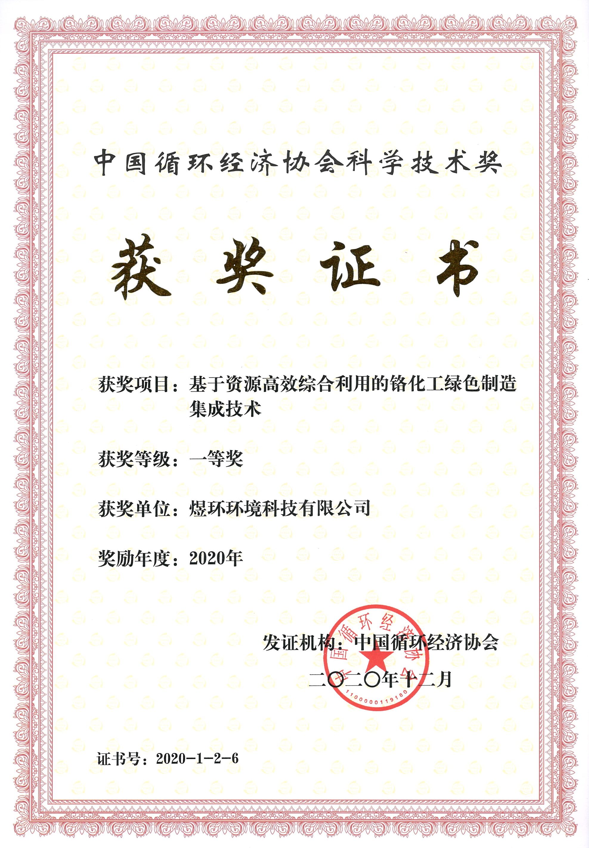 2020年度中國(guó)循環(huán)經(jīng)濟(jì)協(xié)會(huì)科學(xué)技術(shù)獎(jiǎng)--一等獎(jiǎng)